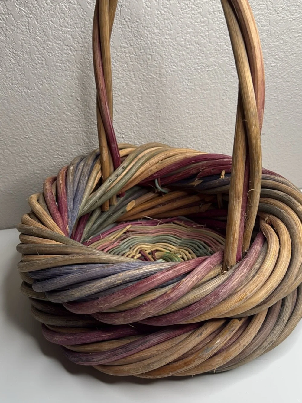 Woven Decorative Basket with Handle in Pink and Natural Tones